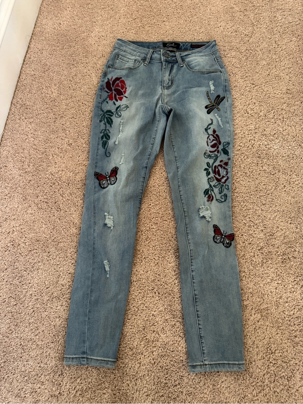 Earl Jeans Light Blue Skinny Jeans with Red Rose & Butterfly Embroidery